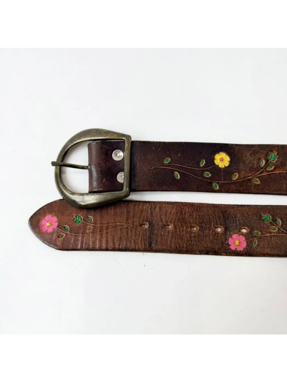 Vintage Hand Painted Floral Leather Belt Brown Brass Buckle Men's Size 30